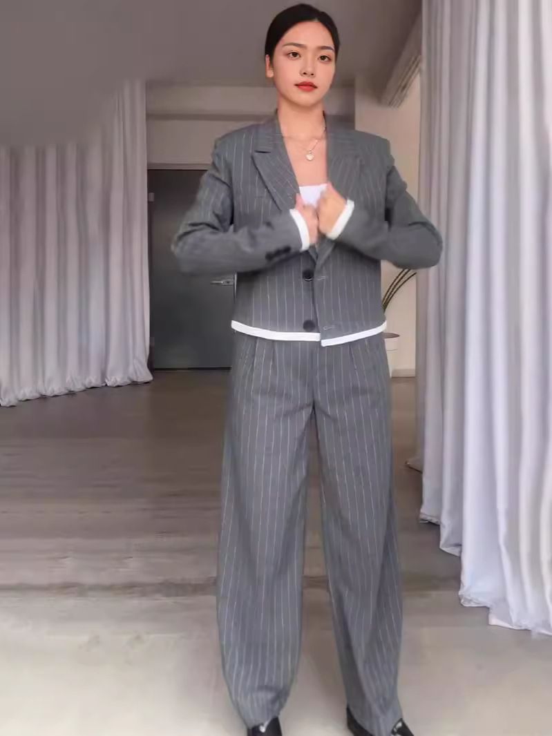 Kadın Giyim Yüksek Bel Çizgili Blazer Pantolon Takımı – Rahat ve Şık Ofis Giyimi, Esnek Polyester Karışımı, Günlük Kullanım İçin Şık ve Çok Yönlü_voghion.com
