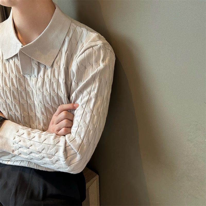 Strick-Poloshirt für Herren – Leichtes, atmungsaktives, lässiges Business-Oberteil mit V-Ausschnitt und langen Ärmeln und Zopfmuster_voghion.com