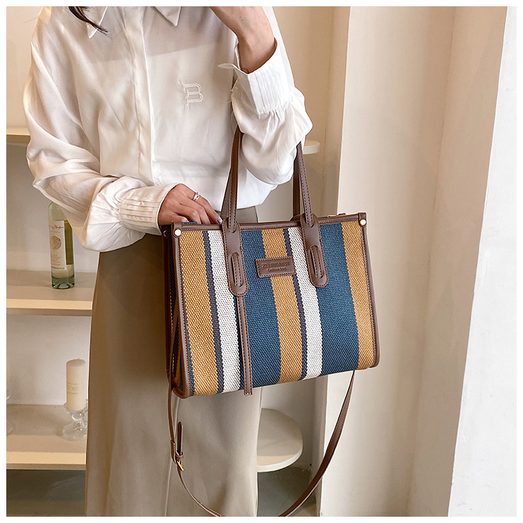 Nowa torba z grubej bawełny o dużej pojemności płócienna torba damska transgraniczny handel zagraniczny kontrastowy kolorowy pasek torba na ramię trend w modzie torba listonoszka_voghion.com