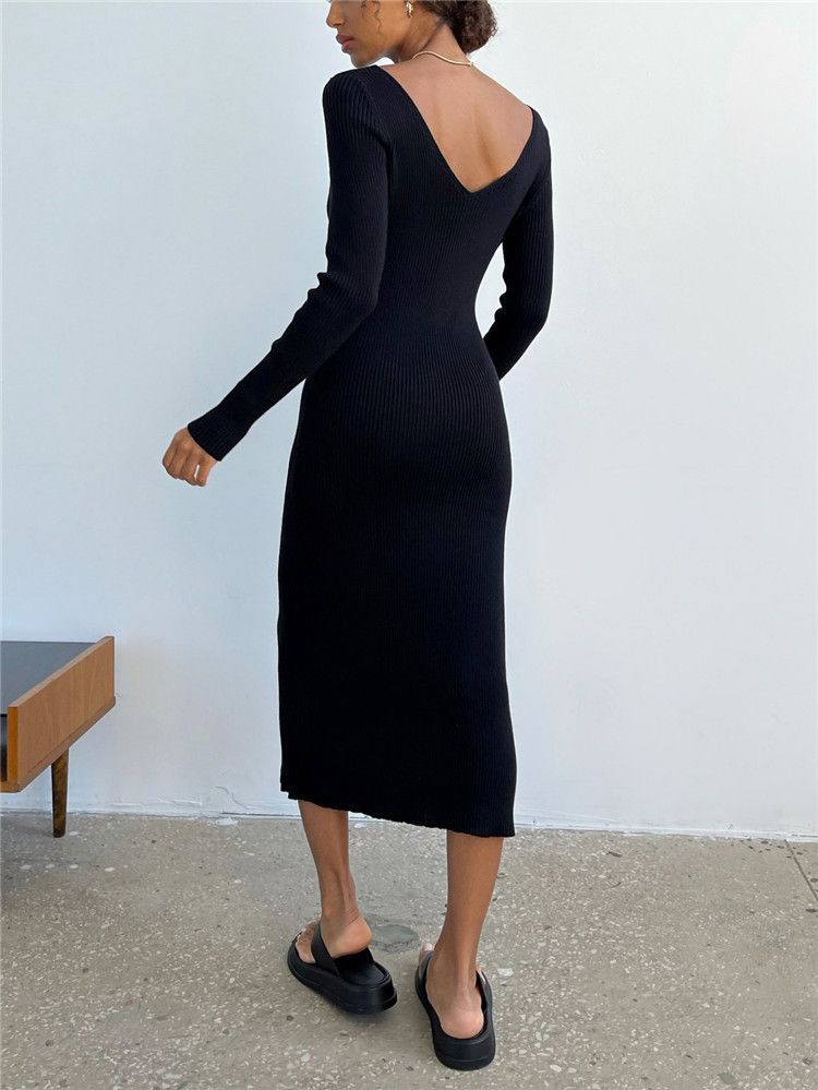 Gonna lunga da donna in maglia a maniche lunghe sexy sottile con scollo a V europeo e americano, autunno e inverno, fondo a coste, alla moda, tutto abbinato_voghion.com