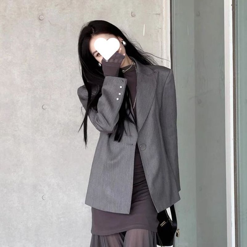 25 Spring New French Style Elegant Light High-End Simple Commuting Gray Blazer Dress Set For Women_voghion.com