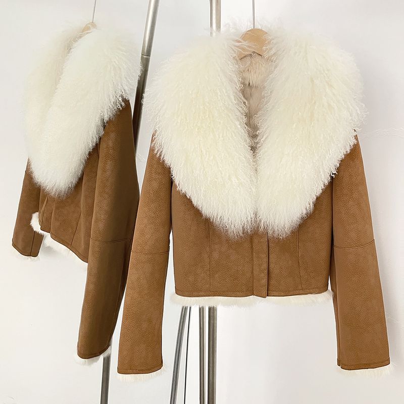 Kurzer Damenmantel aus Wildleder und Kunstpelz mit echtem Lammfellkragen und Kaninchenfellfutter, trendige Winterjacke für Streetwear und Ausgehen_voghion.com