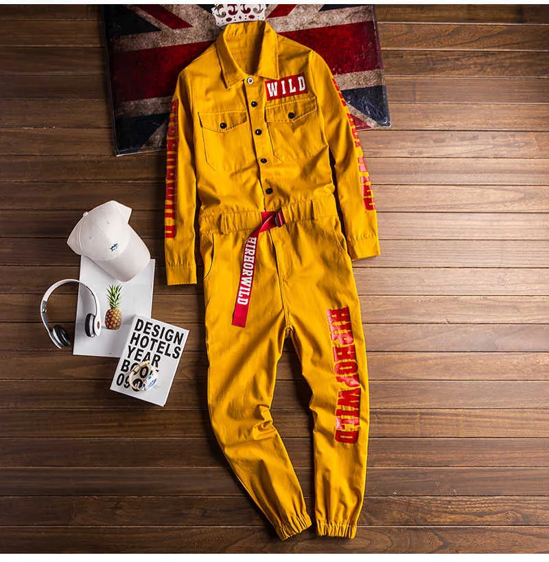 Jeans Sokotoo Men's letters printed long sleeve yellow joggers jumpsuits Y2K Youth overalls Coveralls T221102_voghion.com