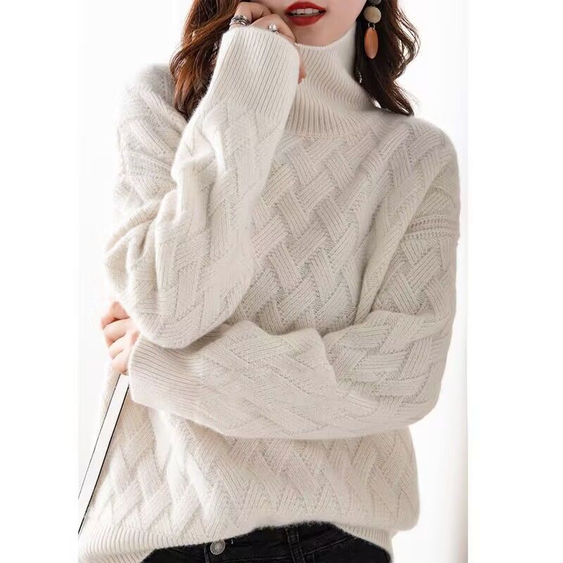 Winter New Fried Dough Twists High Collar Pullover Sweater Women's Loose, Casual, Versatile, Warm, Lazy Knit Backing_voghion.com