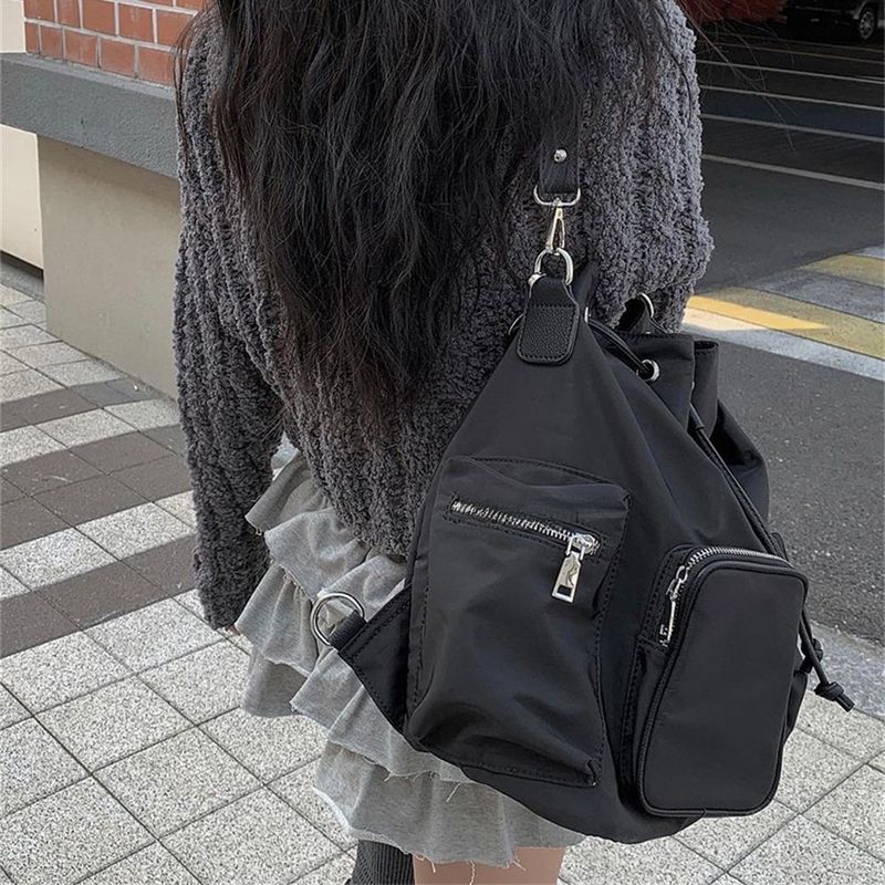 2025 Autumn/Winter Nylon Fabric Waterproof Korean Style Sweet Cooling Multi-Pocket Zipper Drawstring Single Shoulder Double Shoulder Crossbody Bag_voghion.com