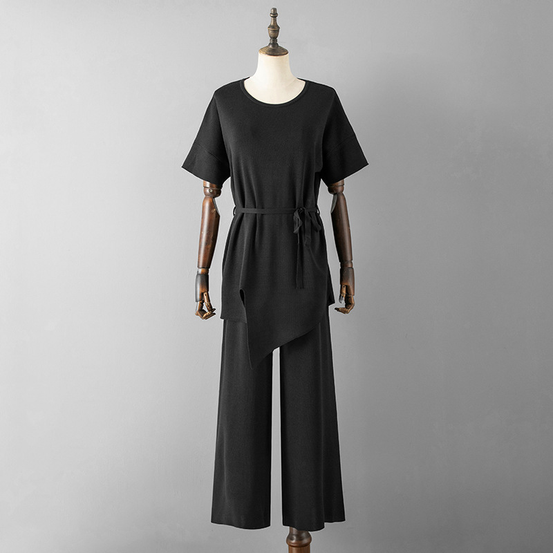 Damenbekleidung, modischer Anzug, Handelsstil, unregelmäßiger Rundhalsausschnitt, Strickoberteil, zweiteiliges Set, hohe Taille, schlanke Hose mit weitem Bein_voghion.com