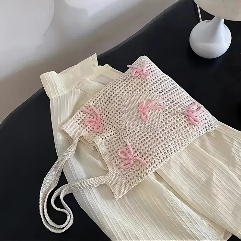 Preppy Style Crochet Tote With Butterfly Accents Solid Color Polyester Shoulder Foldable Fashion Beach Bag 250402_voghion.com
