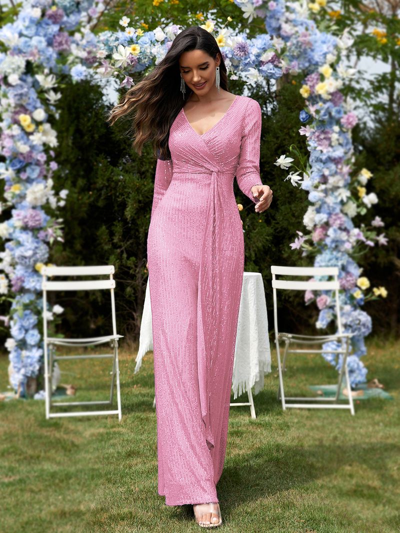 Abito da sera a sirena con scollo a V e maniche lunghe da donna_voghion.com