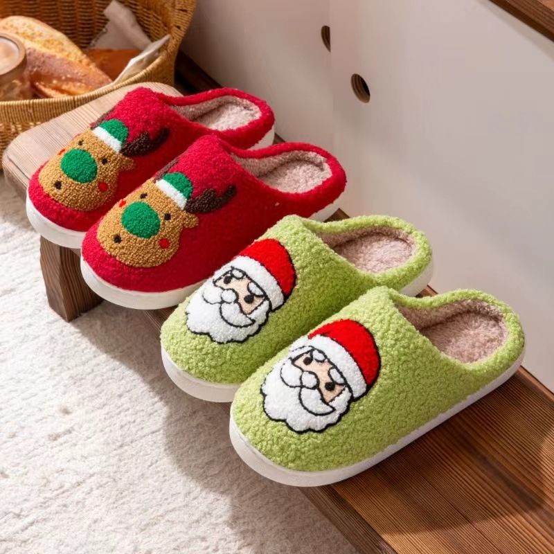 Neue Weihnachtsbaum-Baumwolle für Paare, Herbst und Winter, weiche Sohle, warme Fleece-Hausschuhe für Eltern und Kinder_voghion.com