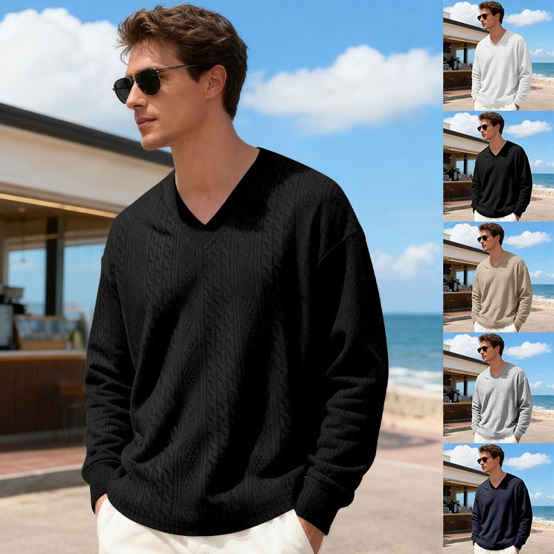 Herrenbekleidung Herren Jacquard-Strickpullover Lässiger Langarmpullover High-Street Loose Fit T-Shirt Top_voghion.com