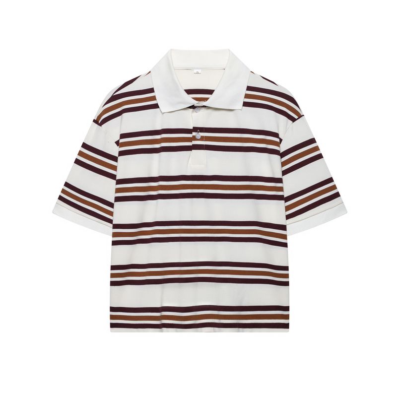 Retro Stripe Polo Shirt With Pleated Skirt Set - Women's Casual Loose Fit Long Sleeve Top & Flared Mini Skirt_voghion.com