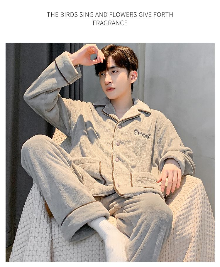 Men's sleepwear, men's with thick coral fleece, autumn and winter 2024 flannel home suit set_voghion.com