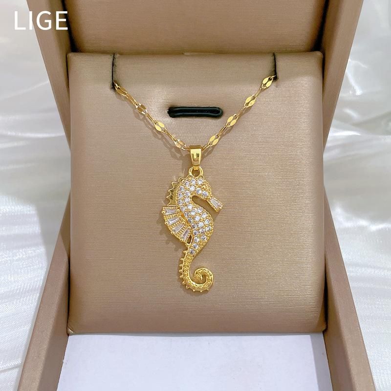 Roestvrijstalen ketting Klassieke glanzende zirkoon schattige zeepaard hanger ketting voor vrouwen Sieraden accessoires Geschenken voor dagelijks feest_voghion.com