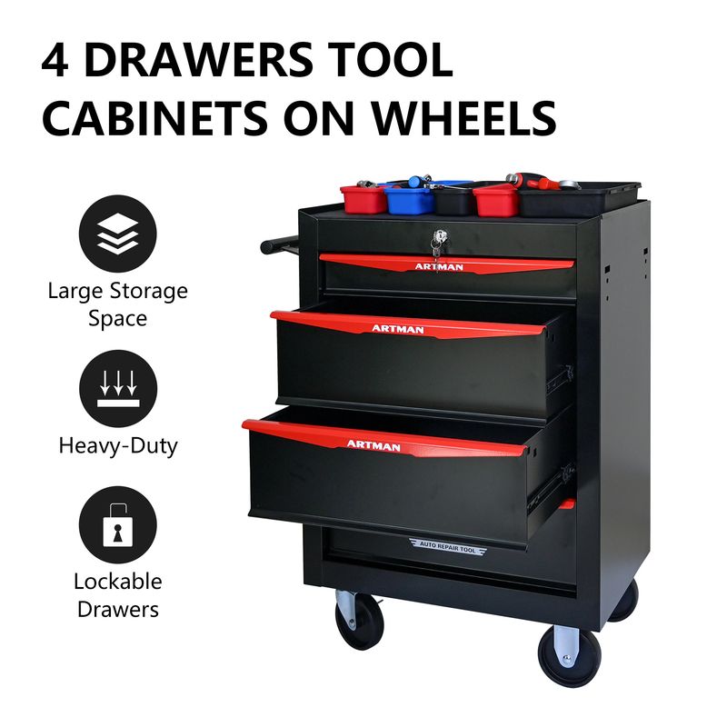 Rolling Metal Tool Chest With 4 Drawers, 20" 4-Drawer Tool Chest Cabinet With Ball Bearing Drawer Slides, Steel Tool Storage Box Organizer -BLACK&RED_voghion.com