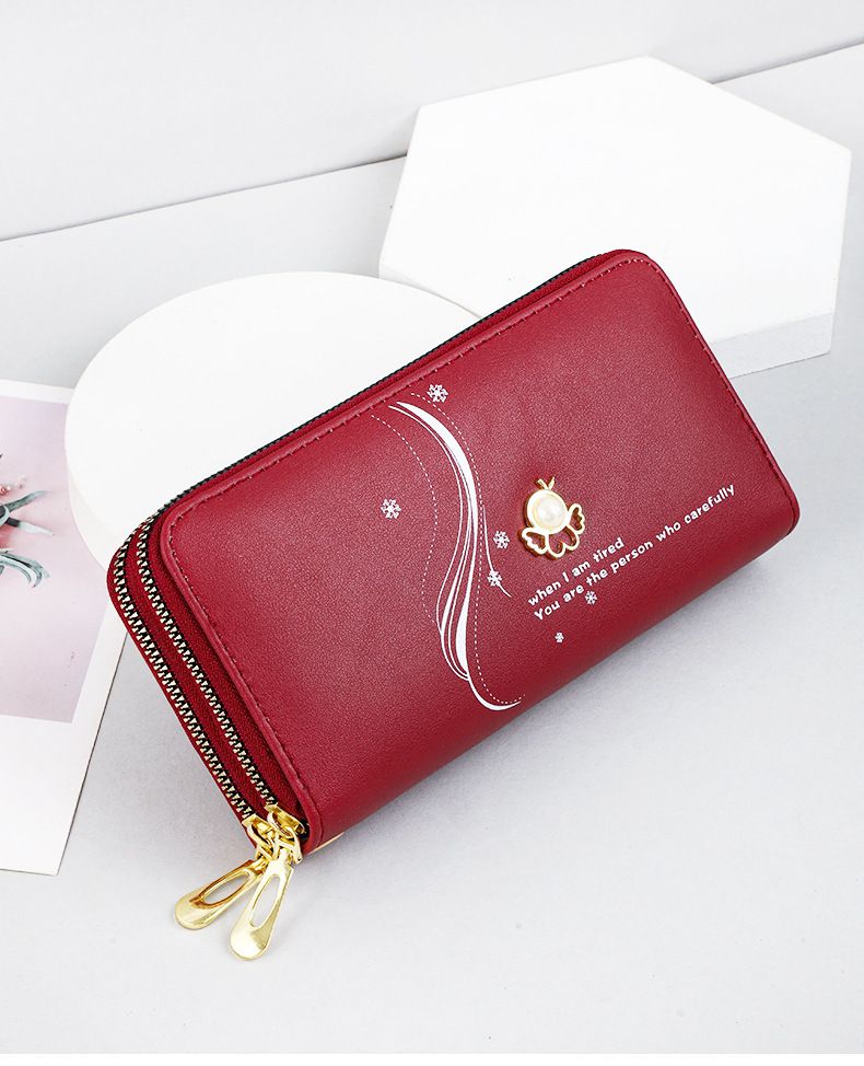 Portefeuille pour femme, porte-cartes, double fermeture éclair, long portefeuille, grande capacité, pochette de poignet, imprimé perles, sac pour téléphone portable_voghion.com