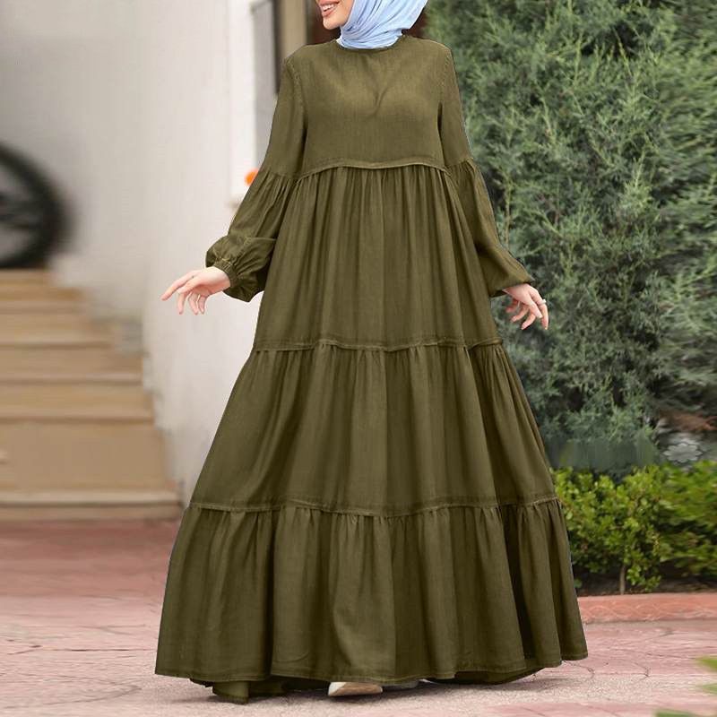 Gonna con volant musulmana da donna, abito coreano con volant da donna, abito lungo casual e ampio con scollo rotondo_voghion.com
