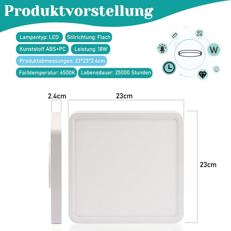 Glitzerlife Deckenlampe LED Deckenleuchte Flach - 23CM Badezimmerlampe Weiß 18W Flurlampe Deckenbeleuchtung 6500K Eckig Badlampe Für Küche Flur Schlafzimmer_voghion.com