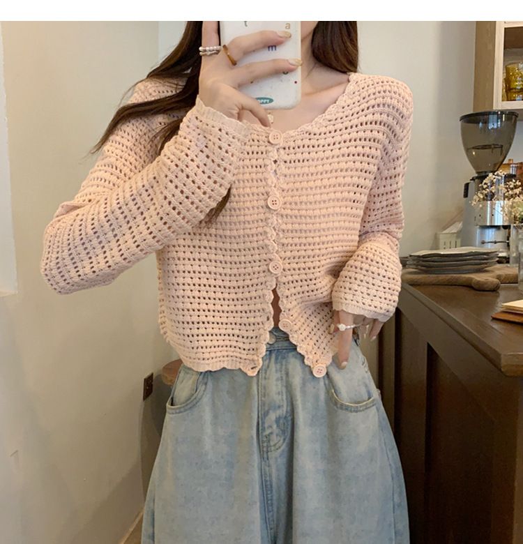 2024 Summer New Hollow Cardigan Women's Long Sleeve Outer Sunscreen Mesh Knitted Small Cover Coat Short Top_voghion.com