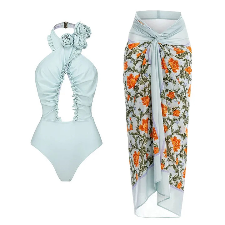 Women's 3D flower halter neck backless swimsuit and wrap skirt suit for women_voghion.com