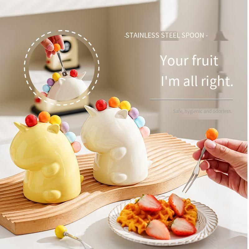 Cute Unicorn Fruit Storage Jar Colorful Set Household High-Value Children's Stainless Steel Dessert Fork_voghion.com