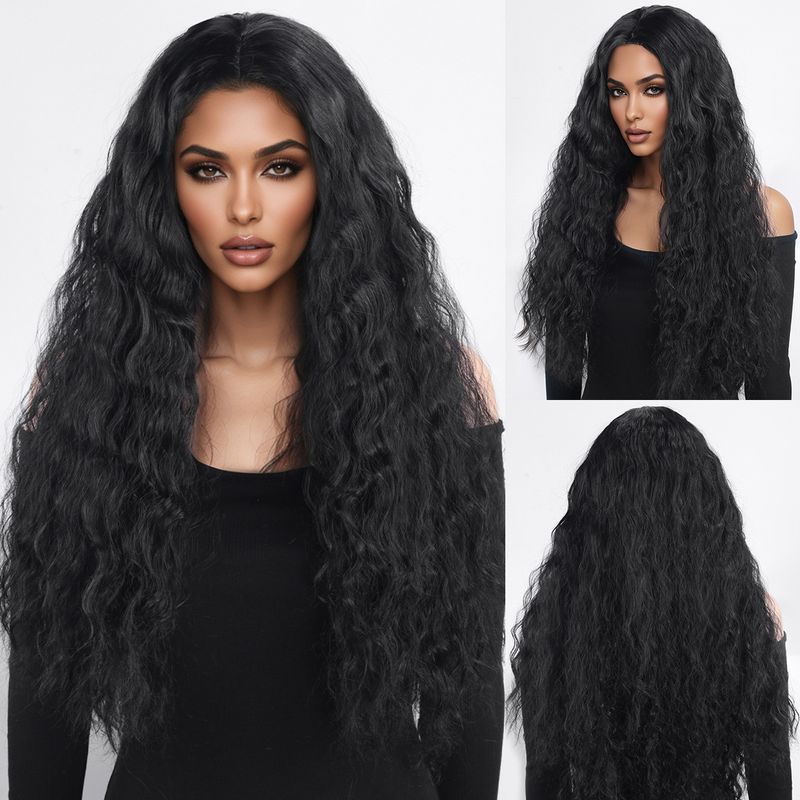 Parrucca con extension per capelli, nuova parrucca per donna, capelli neri ricci alla moda, ondulati, ricci di mais, riga centrale, frangia, copricapo completo._voghion.com