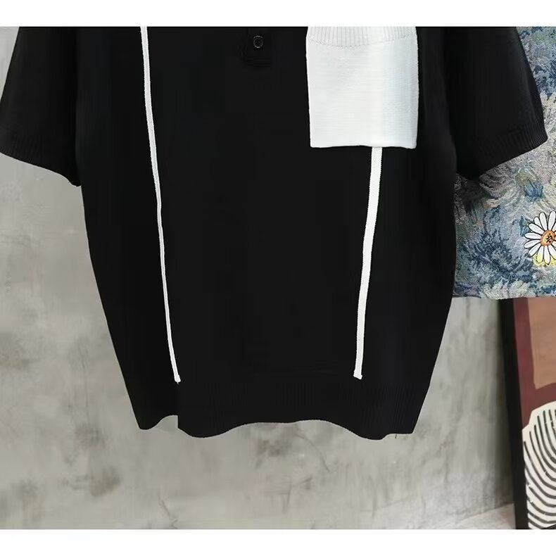 Polo estiva a righe da uomo, versatile, in seta ghiacciata fresca e a maniche corte, semplice e alla moda, con scollo rotondo._voghion.com