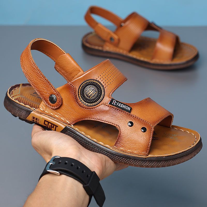 Herrenschuhe, Sommersandalen, trendiger Stil, Strandschuhe aus Leder für den Außenbereich, rutschfest, für Herren, zum Fahren, mit weicher Sohle_voghion.com