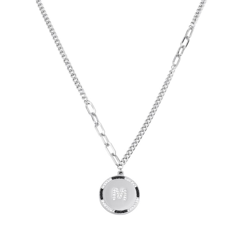 Stainlss round plat lttr M collarbon chain for vrsatil hip-hop ins, trndy mn and womn's titanium stl_voghion.com