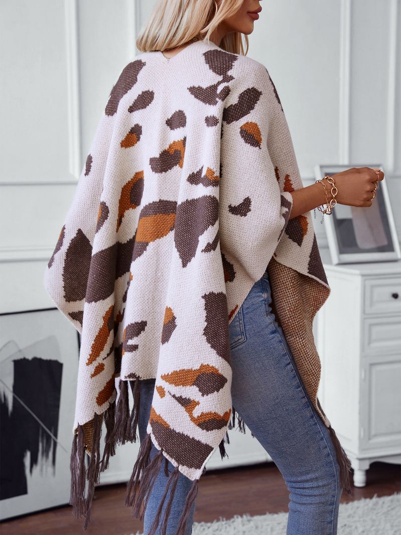 Capa de punto con borlas y estampado de leopardo en contraste para mujer Capa de suéter suelta de talla grande para otoño-invierno_voghion.com