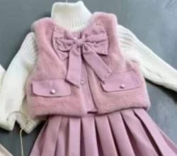 3-teiliges Outfit-Set für Mädchen: Strickjacke mit Schleife + Oberteil mit Zopfmuster + Faltenrock, Winter- und Herbstmode, weich und bequem, Alter 3–8 (100–140 cm), Weiß/_voghion.com