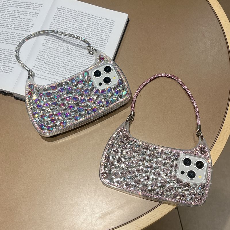High-end Crystal Bag With Single Shell Same Style Flash Diamond Strap Phone Case For IPhone 16 Pro Max 15 Pro 14 13 12 11 Case_voghion.com