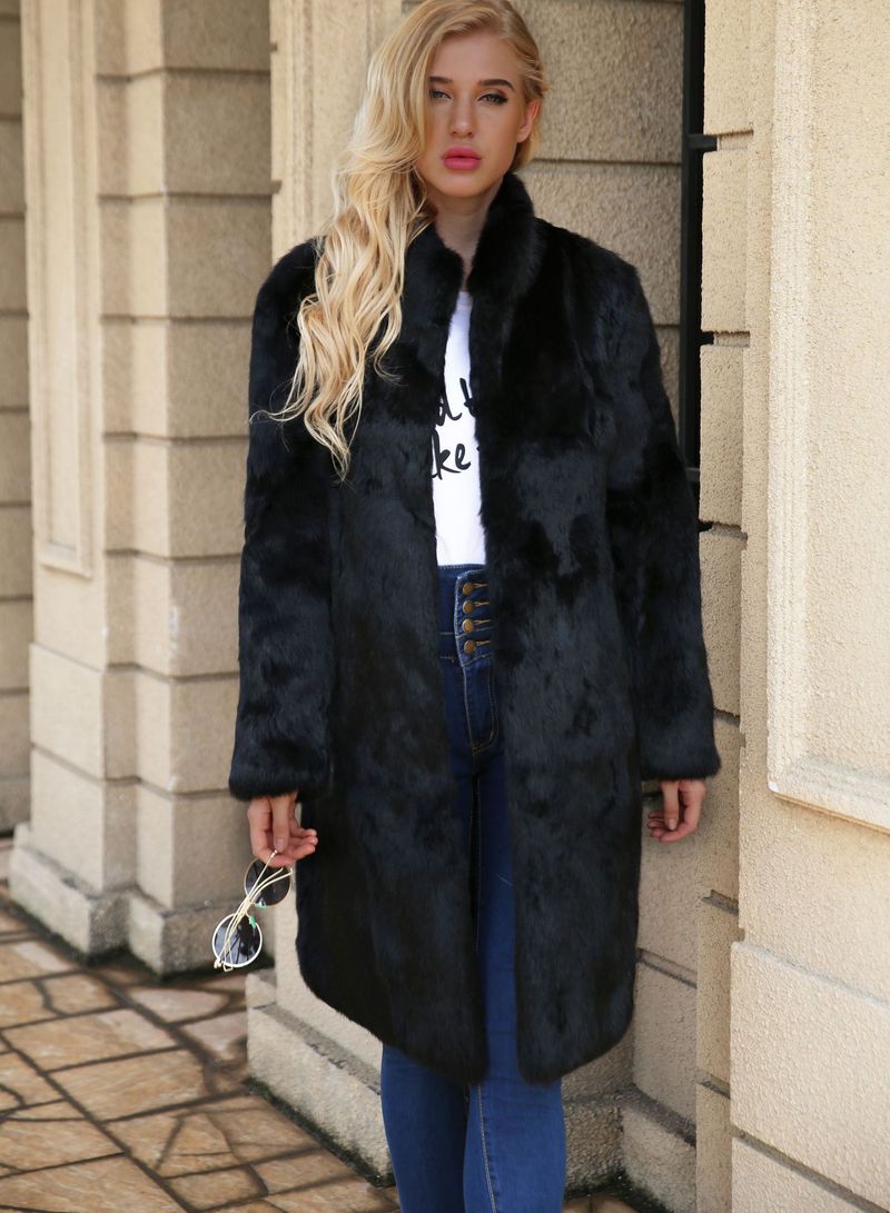 Abrigo largo de lujo de piel sintética de conejo para mujer, con cinturón ajustable, abrigo de invierno negro._voghion.com