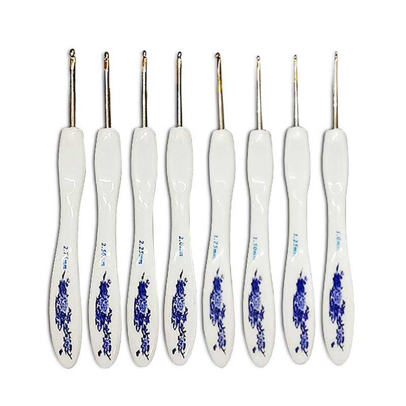 Strickwerkzeug Feine Pullovernadel Kleiner gebogener Griff Blaues und weißes Porzellan Dicke Häkelblisterverpackung_voghion.com