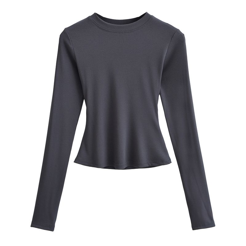 Kim Kardashian Kento Round Neck Base Shirt For Women's Sring Tight Fitting T-shirt Long Sleeved Slim Fit Solid Color_voghion.com