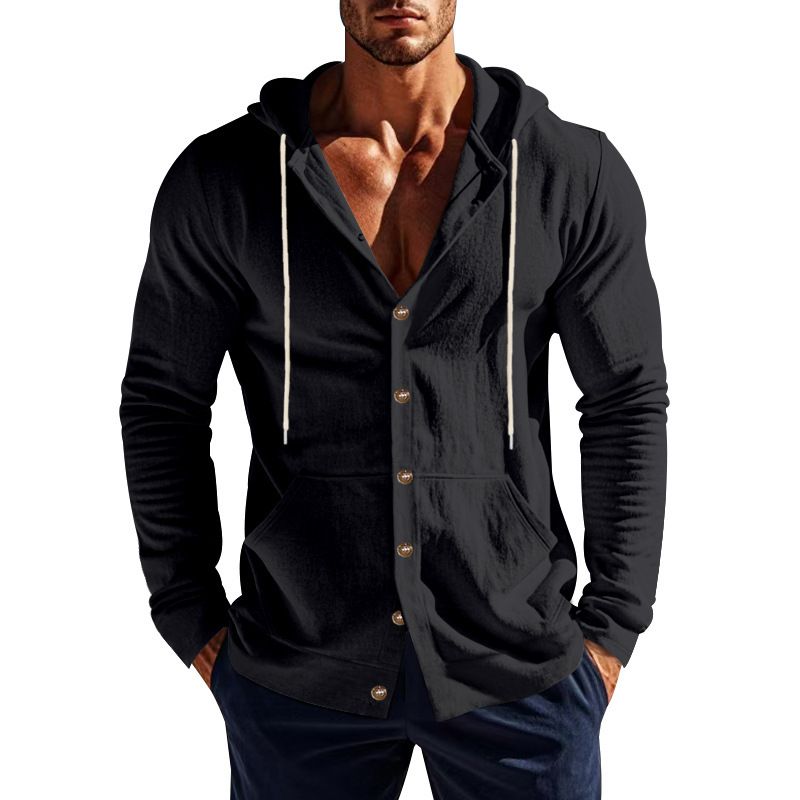 Spring And Autumn American Loose Men's Loose Linen Casual Simple Beach Hooded Long Sleeve Shirt Men_voghion.com