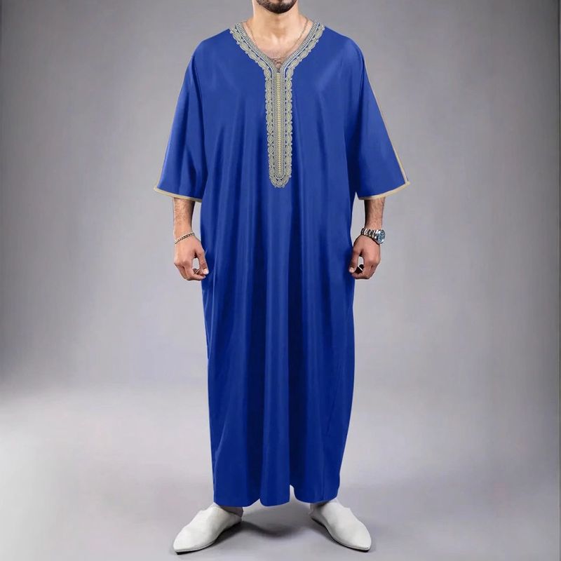 Männerkleeder Robe Kuerzärmlech Broderie Marineblo Muslim Robe_voghion.com