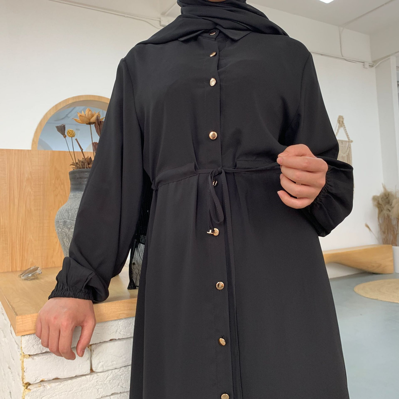 Roupas femininas nova moda muçulmana lapela cor sólida botão completo vestido fino saia longa_voghion.com