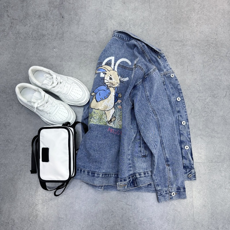 Herretøj Herre originalt trendy mærke tegneserie tungt broderi løst arbejdstøj denimjakke blå frakke mænd_voghion.com