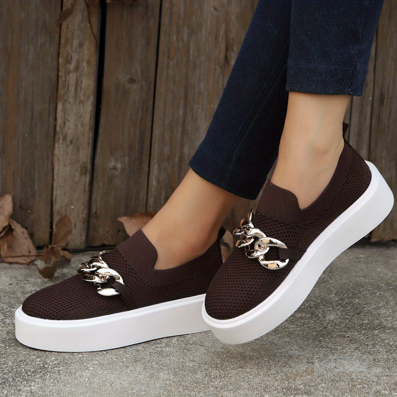 Women's Chain Decor Breathable Mesh Air Round Toe Flat Shoes, Girl's Slip On Loafers Women's Shoes_voghion.com