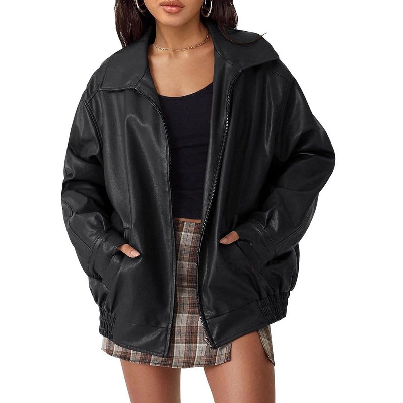 Giacca in stile motociclista, con colletto rovesciato, orlo elastico, cerniera, cappotto in pelle PU_voghion.com