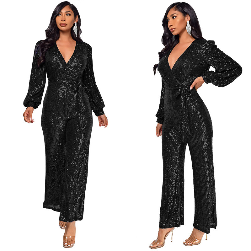 Damkläder Ins Style Deep V Mode Casual Jumpsuit Långärmat Bälte Paljett Jumpsuit Dam_voghion.com