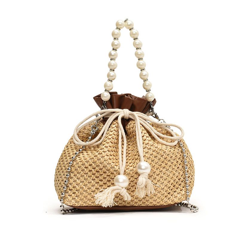 Sac bandoulière tendance en perles pour femme cette année, nouveau sac seau décontracté en paille tissée avec cordon de serrage_voghion.com
