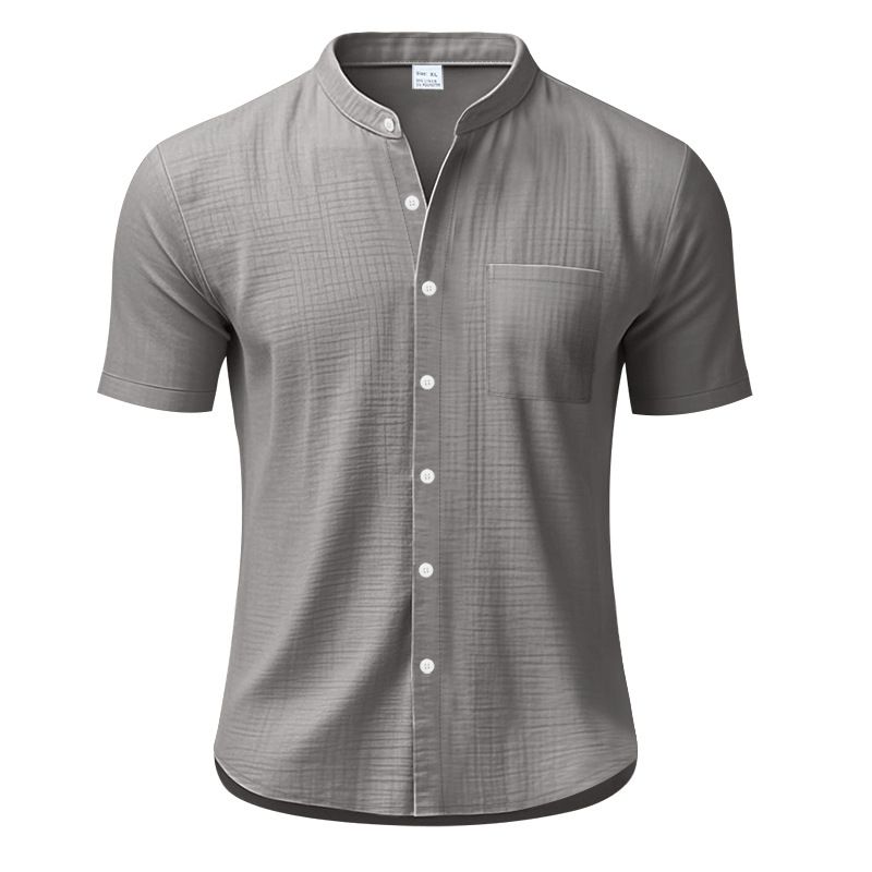 Camisa de lino de manga corta para hombre, nueva, de color liso, con cuello alto y bolsillo, holgada, informal_voghion.com