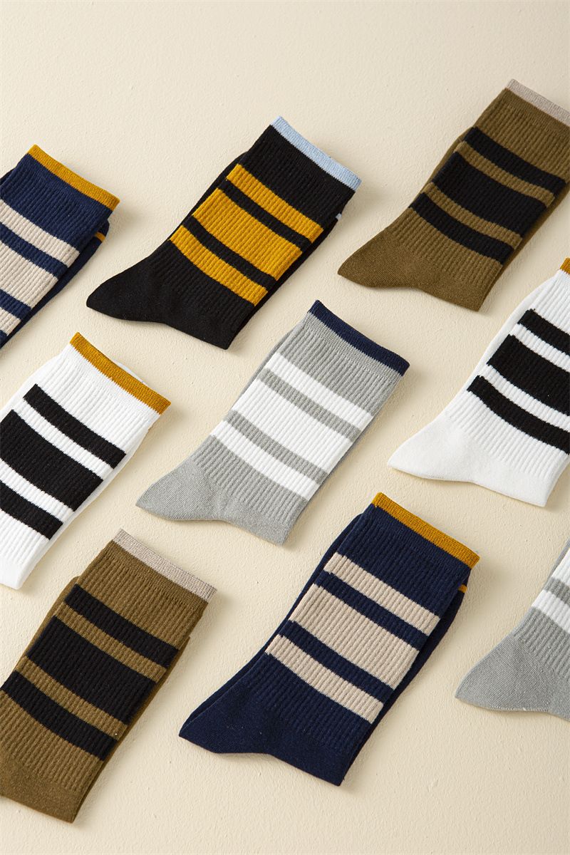 Vidēja garuma zeķes Vīriešu rudens un ziemas kokvilnas zeķes Studentu zilas bumbu sporta zeķes Garas, svītrainas, platas, vienkāršas, modernas, kontrastējošas krāsas_voghion.com