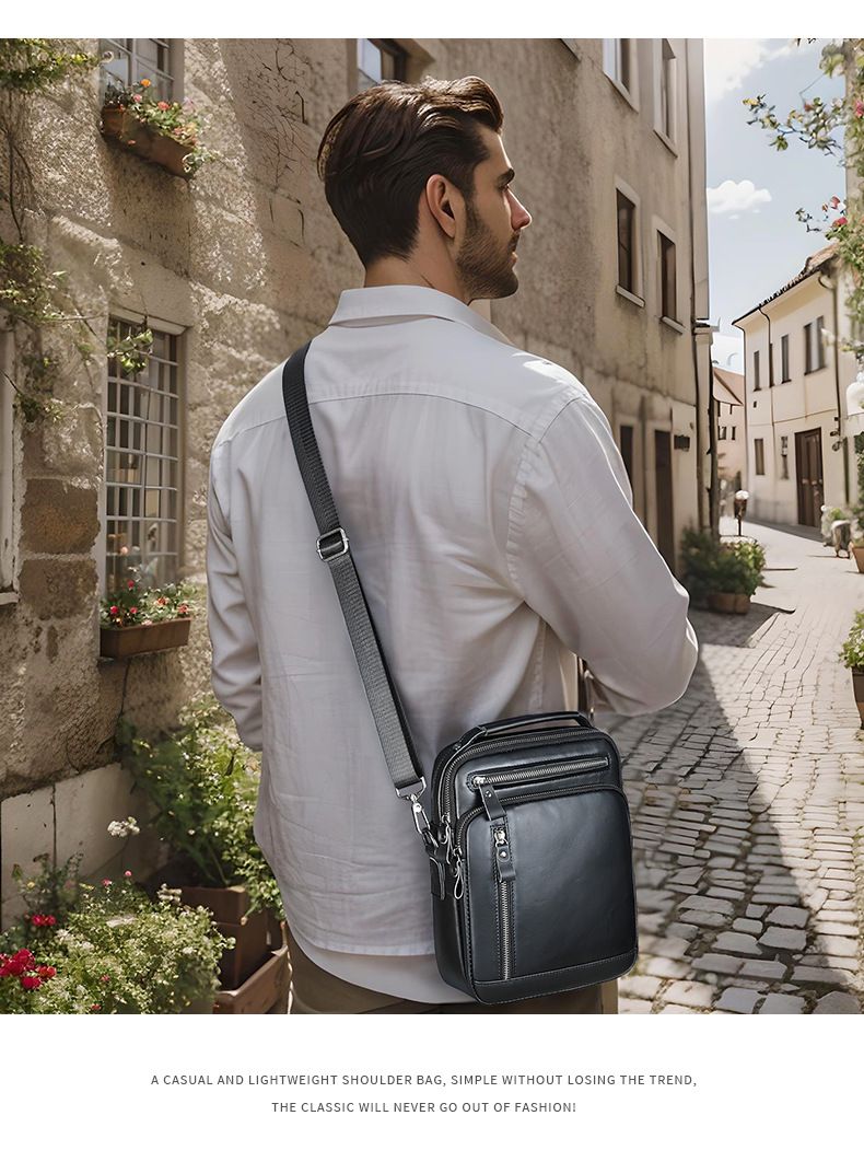 Umhängetasche aus echtem Leder für Herren – Schlankes Design, Schultertasche aus genarbtem Leder, minimalistischer Stil für den täglichen Gebrauch, Umhängetasche für Herren_voghion.com