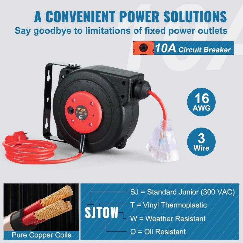 Power Extension 16AWG Retractable 3C Reel 30FT Cord SJTOW Cord Reel_voghion.com
