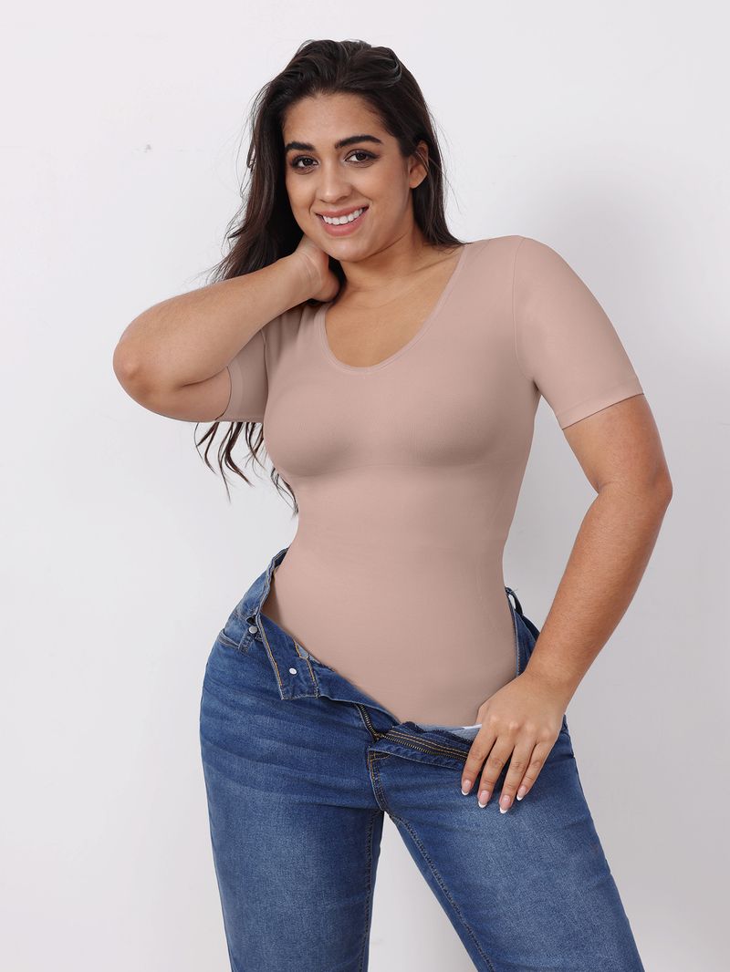 Women's Plus Size Shapewear T-Shirt V-Neck Slimming Tummy Control Seamless Top For Everyday Wear_voghion.com