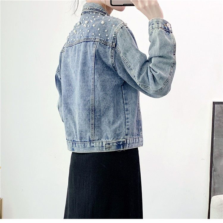 Distressed Denim Jacket Women's Casual Blazer With Rhinestone Embellishments, Light Blue Oversized Coat For Students & Plus Size_voghion.com