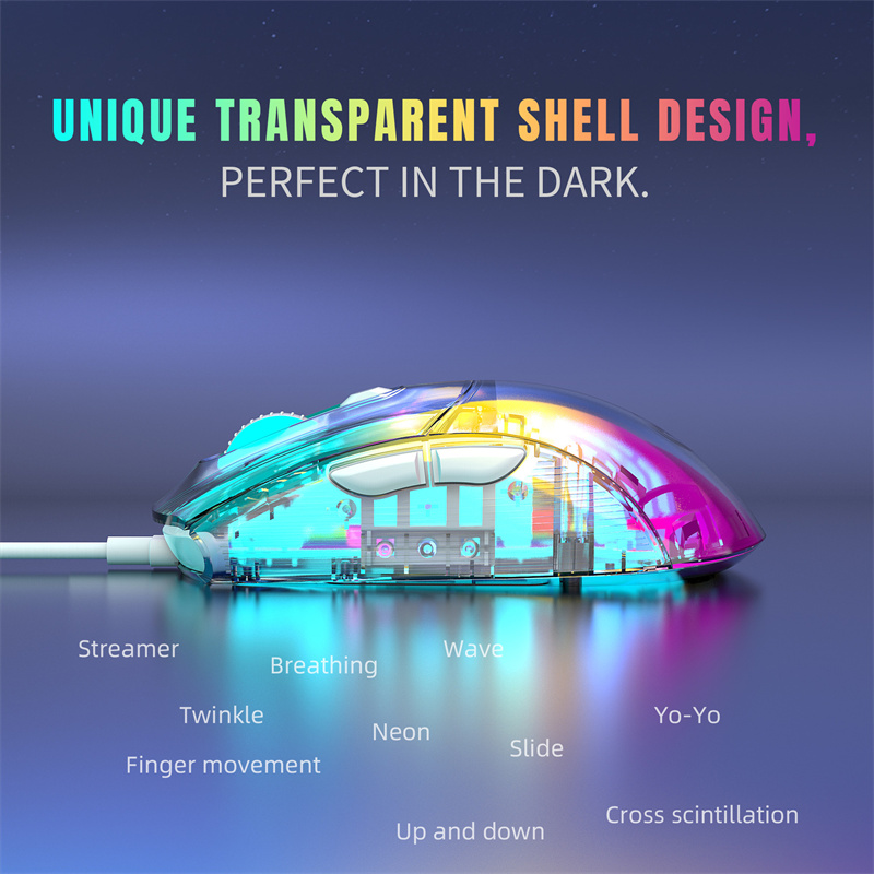 X New Arrival Wired Transparent Game Mou RGB-ljuseffekt USB-gränssnittshastighet DPI-nyckel Custom ro Pro P_voghion.com