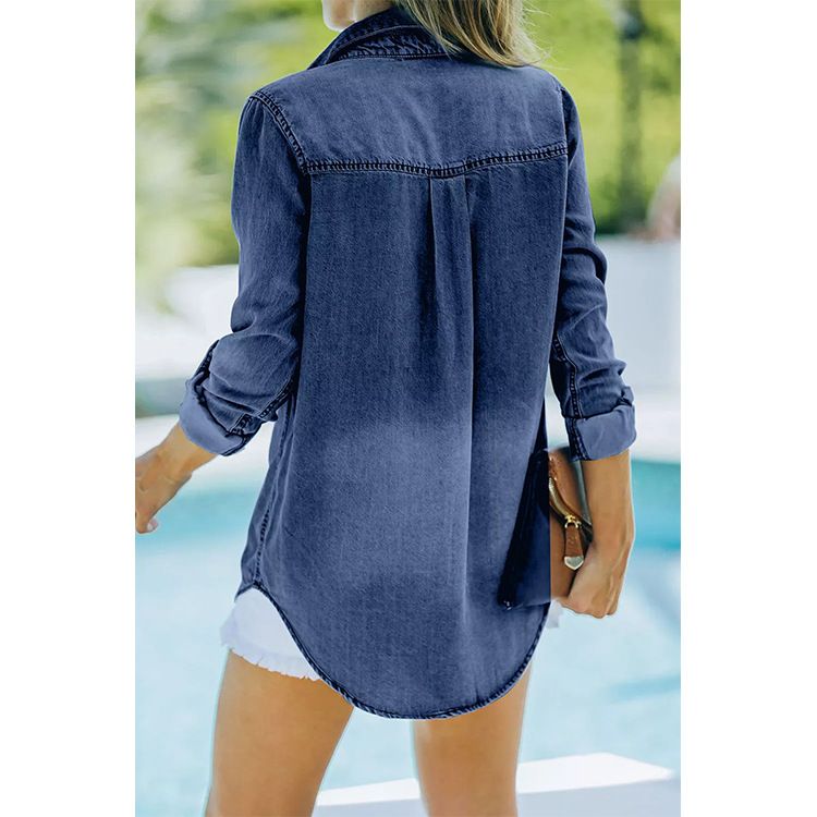 Women's Fashion 2023 Spring New Turn-down Collar Pocket Tencel Shirt Casual Denim Blouse_voghion.com